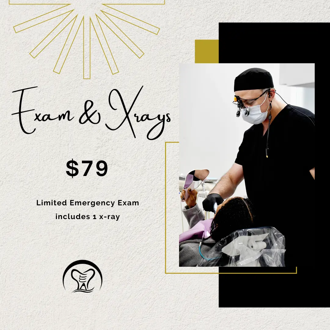 Dentist performing an emergency dental exam with X-ray imaging, advertised at $79 for a limited exam including one X-ray