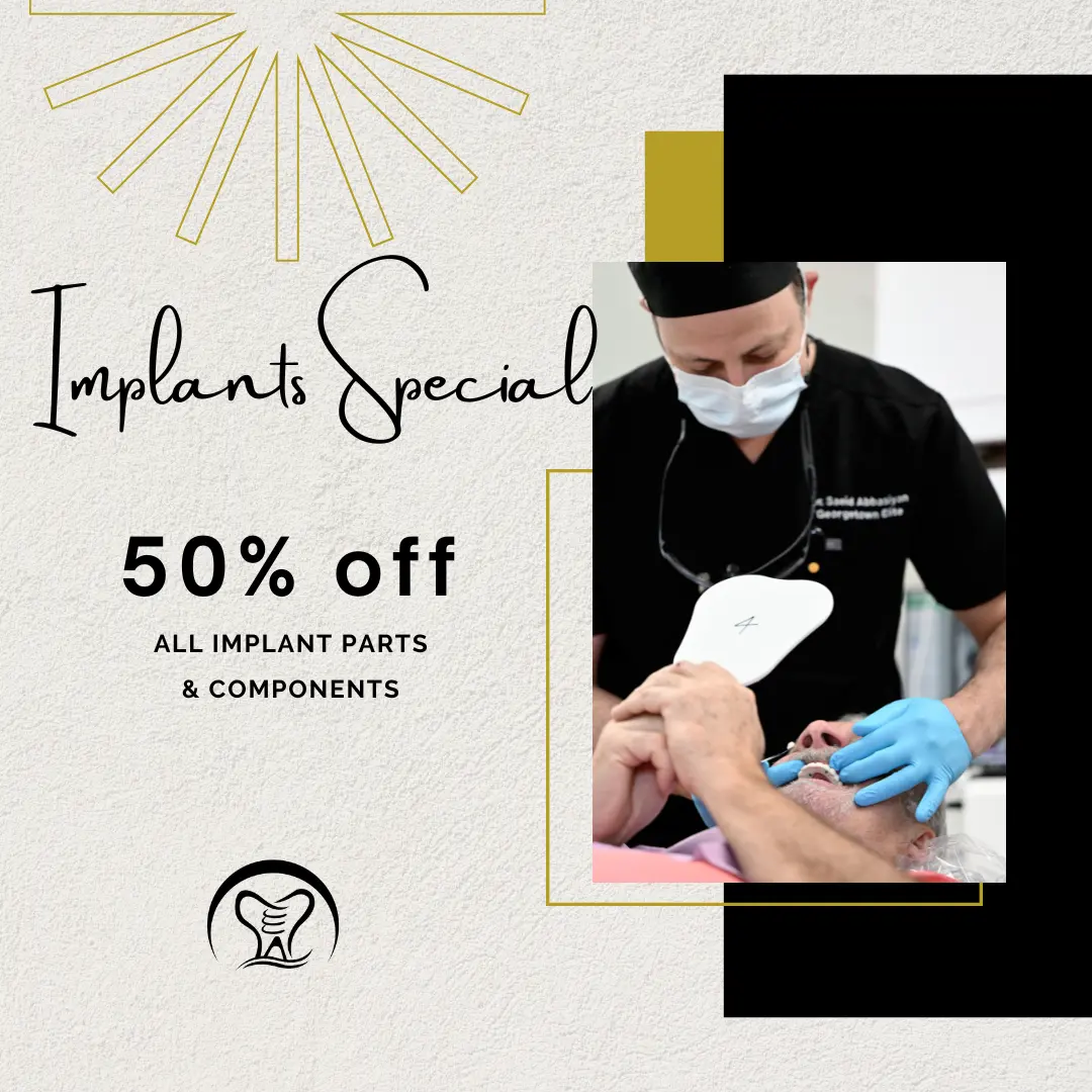 Dental implant procedure being performed during an implant special offering 50 percent off implant parts and components